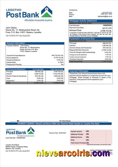 Lesotho Post Bank mortgage statement Word and PDF template